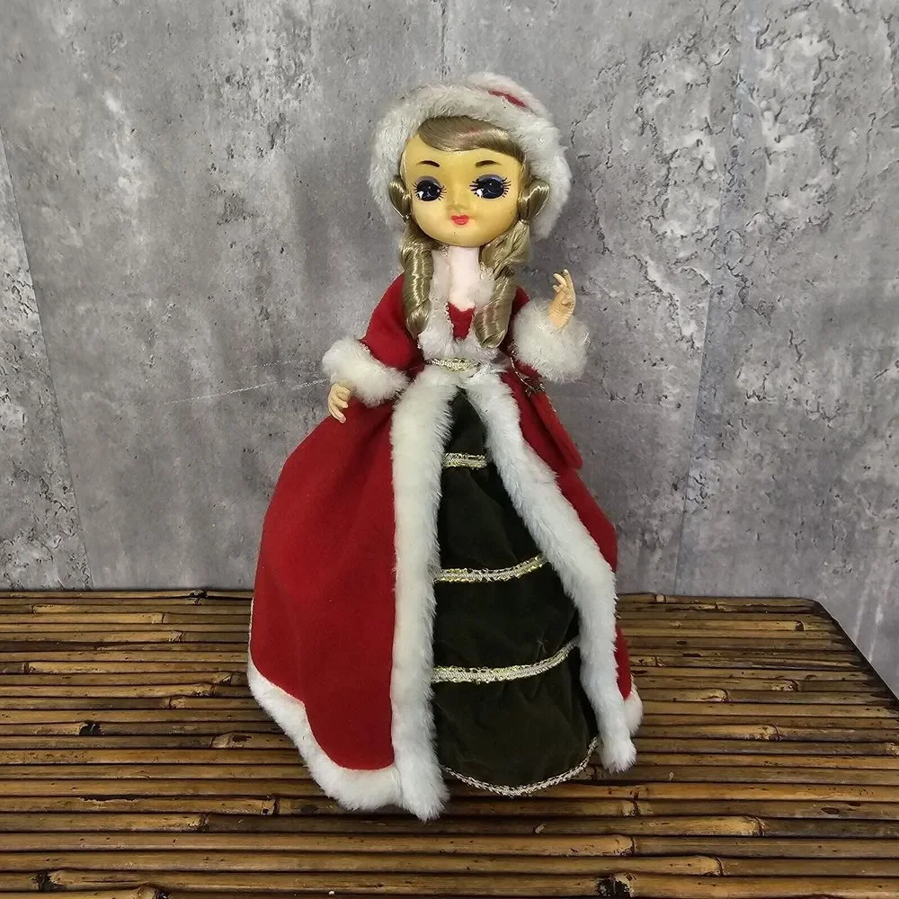 Vintage 70s Christmas Big Eye Stocking Doll Turning Music Box Silent Night AS IS